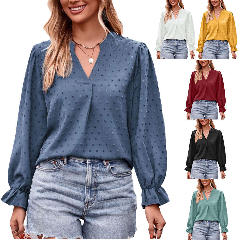 2024 Autumn New Womens Jacquard T-shirt V-neck Loose Long Umbrella Sleeve Top