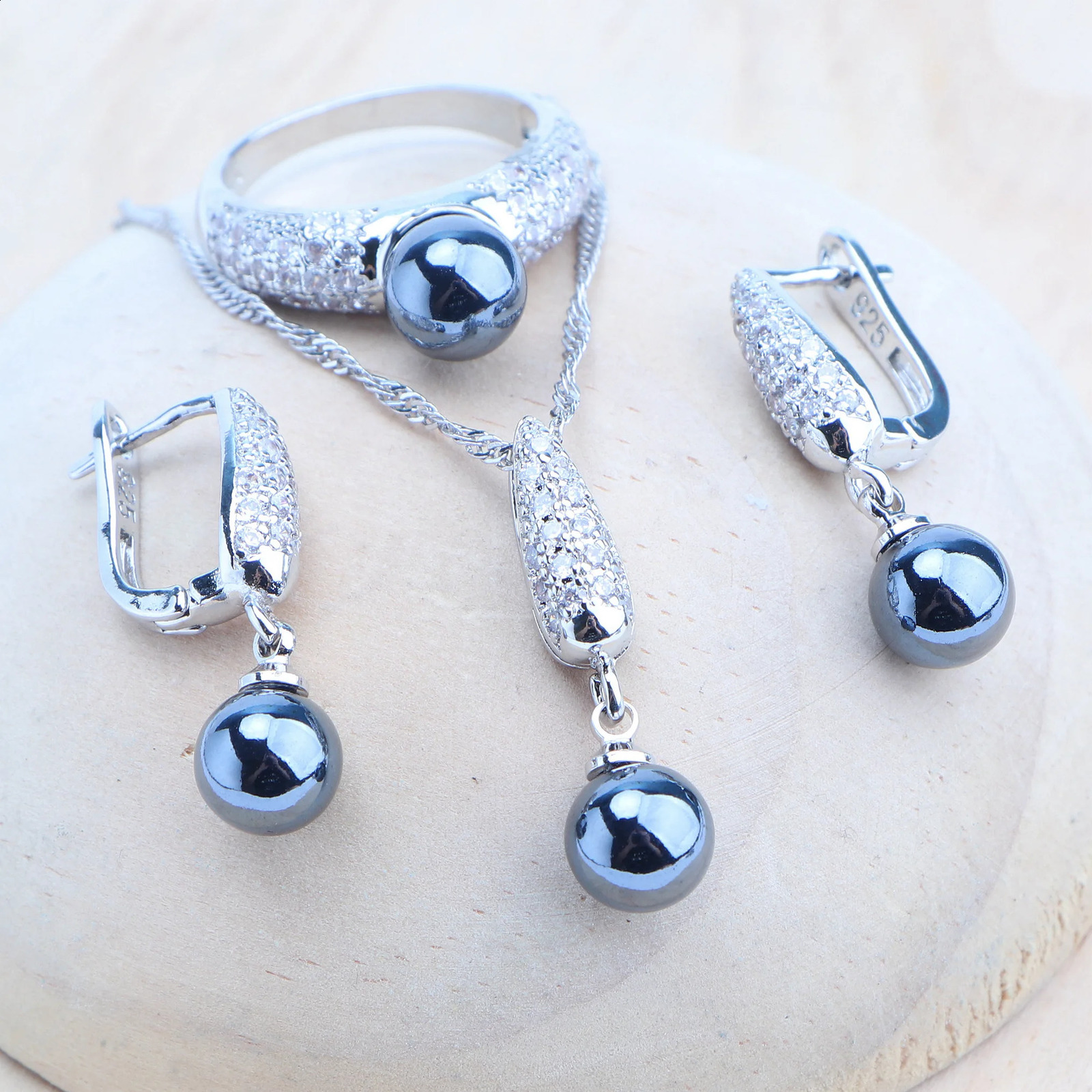 925 Silver Jewelry Set for Bridal Black Pearl Natural White CZ Ring Bracelet Earrings Pendant Necklace Set for Womens Wedding Jewelry 240906