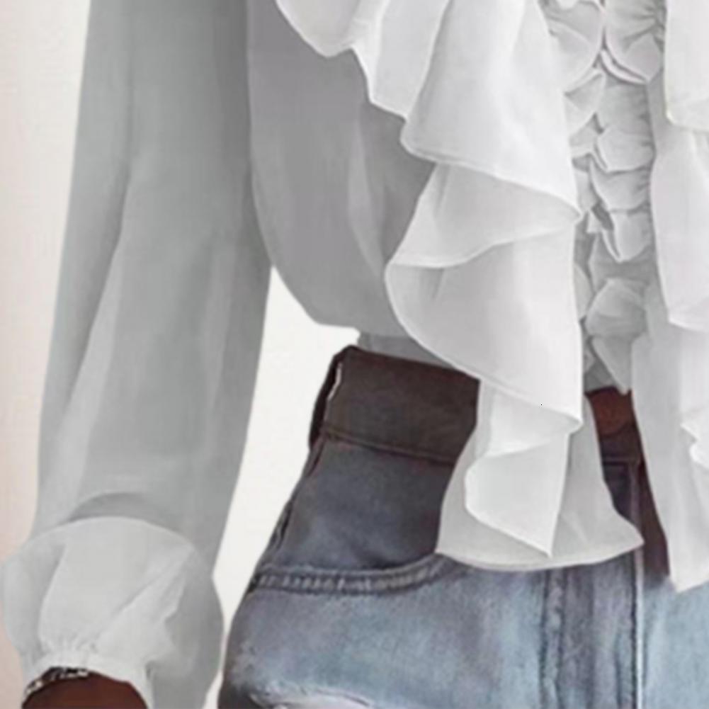 Solid Color V-neck Long Sleeve Loose Top Chiffon Shirt Ruffle Collar Sweet Pullover Blouse Streetwear Women Clothes
