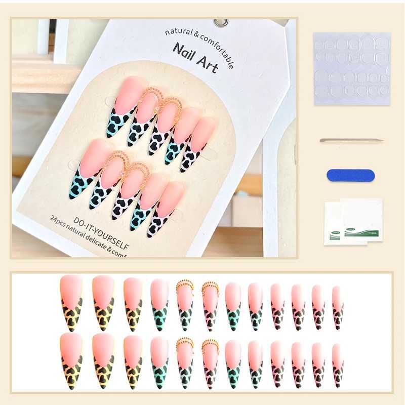 Almond Shaped Handmade Wear Colored Matte Leopard print Pearl Hot Girl French Holiday Nail Tool Free Kit W240905