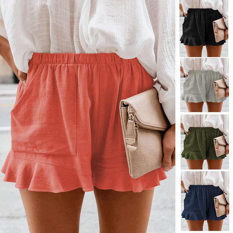 Summer cotton casual shorts for women's 2024 new European version solid color high waisted pleated loose straight leg pants