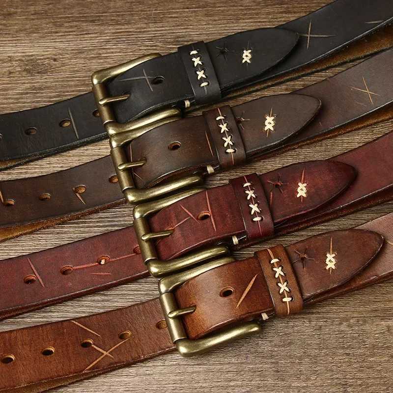 3.8CM mens high-quality genuine leather belt luxury designer brass pin buckle belt pure denim retro shoulder strap mens jeans W240905