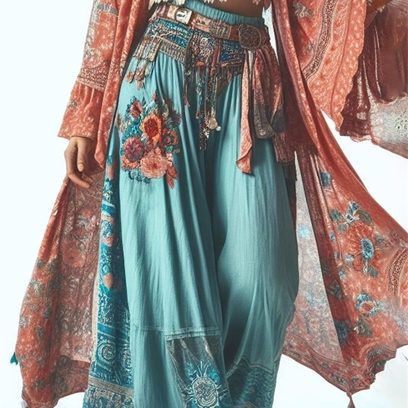 Harajuku Womens Thin Casual Pants Fashion Ethnic Style Flower Printed Wide Leg Pants Loose Elastic Waist Ankle Length Trousers 240907