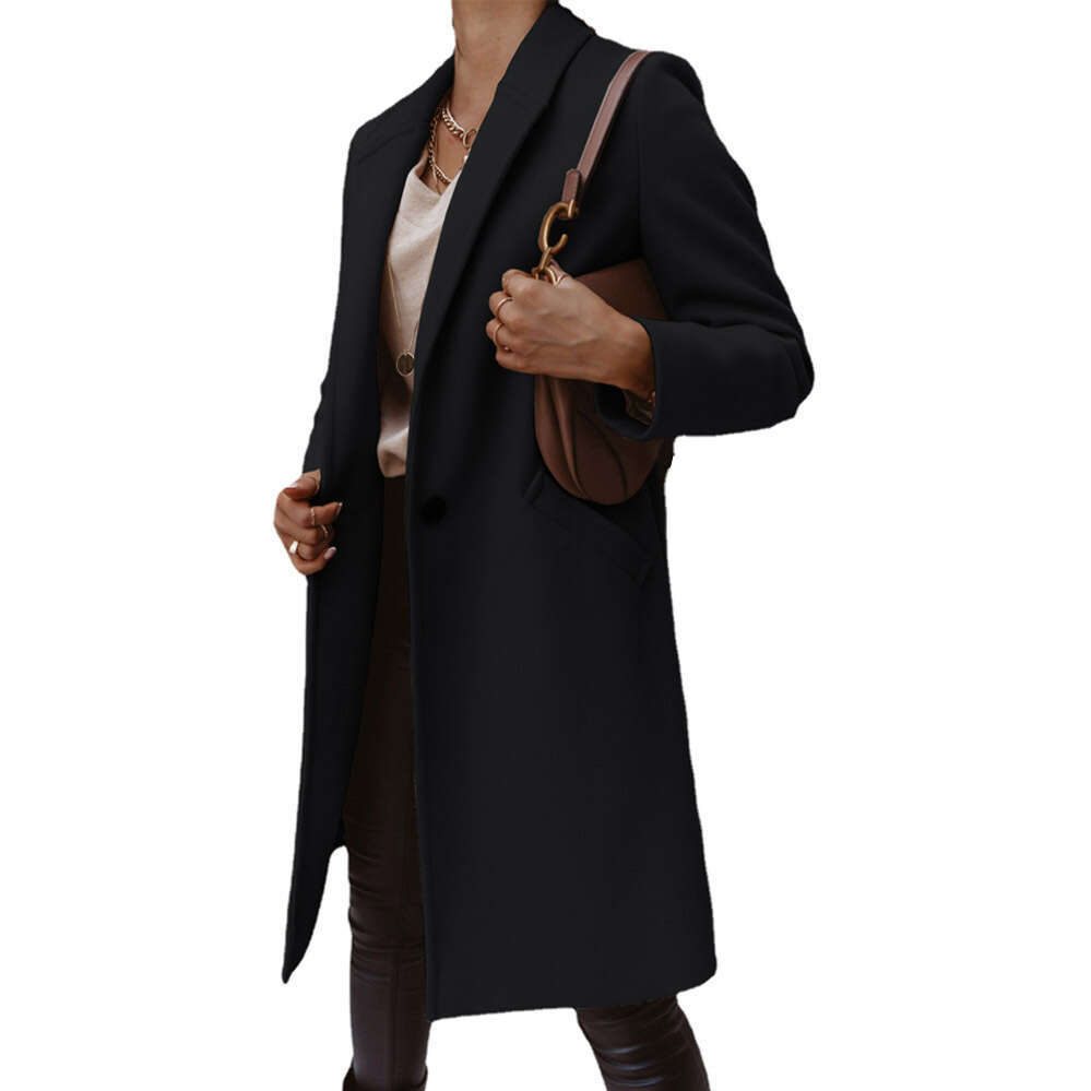 2024 new autumn and winter solid color lapel mid long button down woolen coat jacket for women