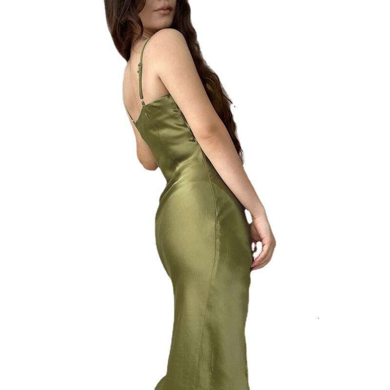 2023 Spicy Girl Style Sexy Low cut Satin Split Strap New Slimming Open Back Long Dress