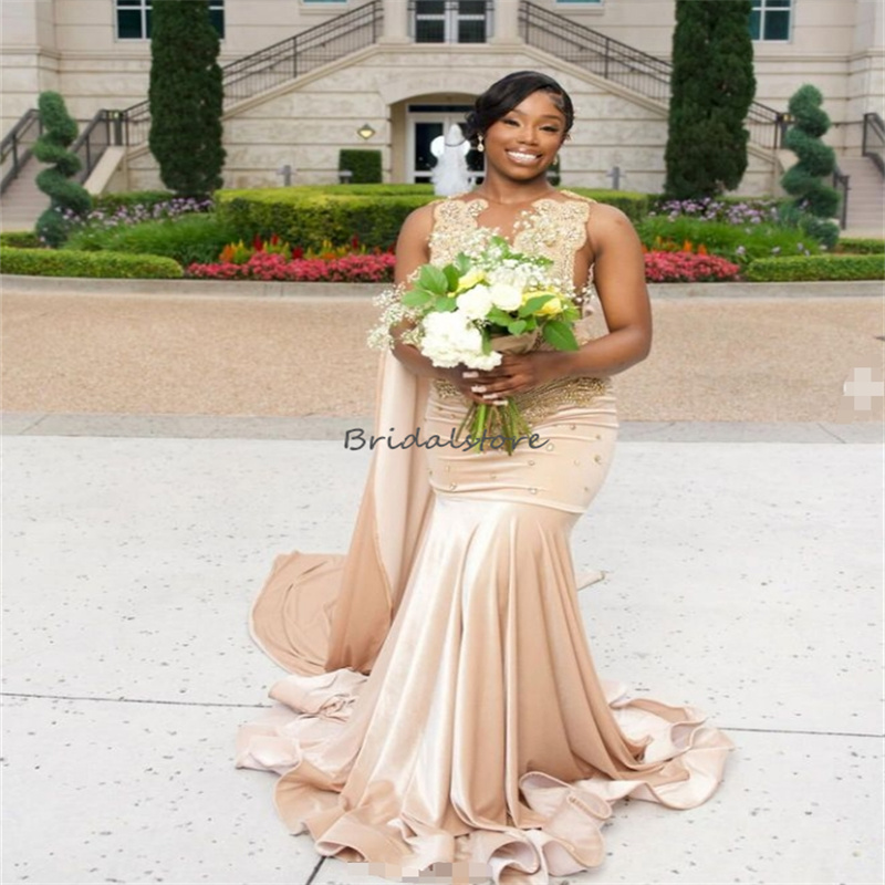 Elegant Champagne Velvet Prom Dress 2025 With Train Plus Size Rhinestone Evening Dress African Black Women Formal Occasion Dress Gorgeous vestidos de 