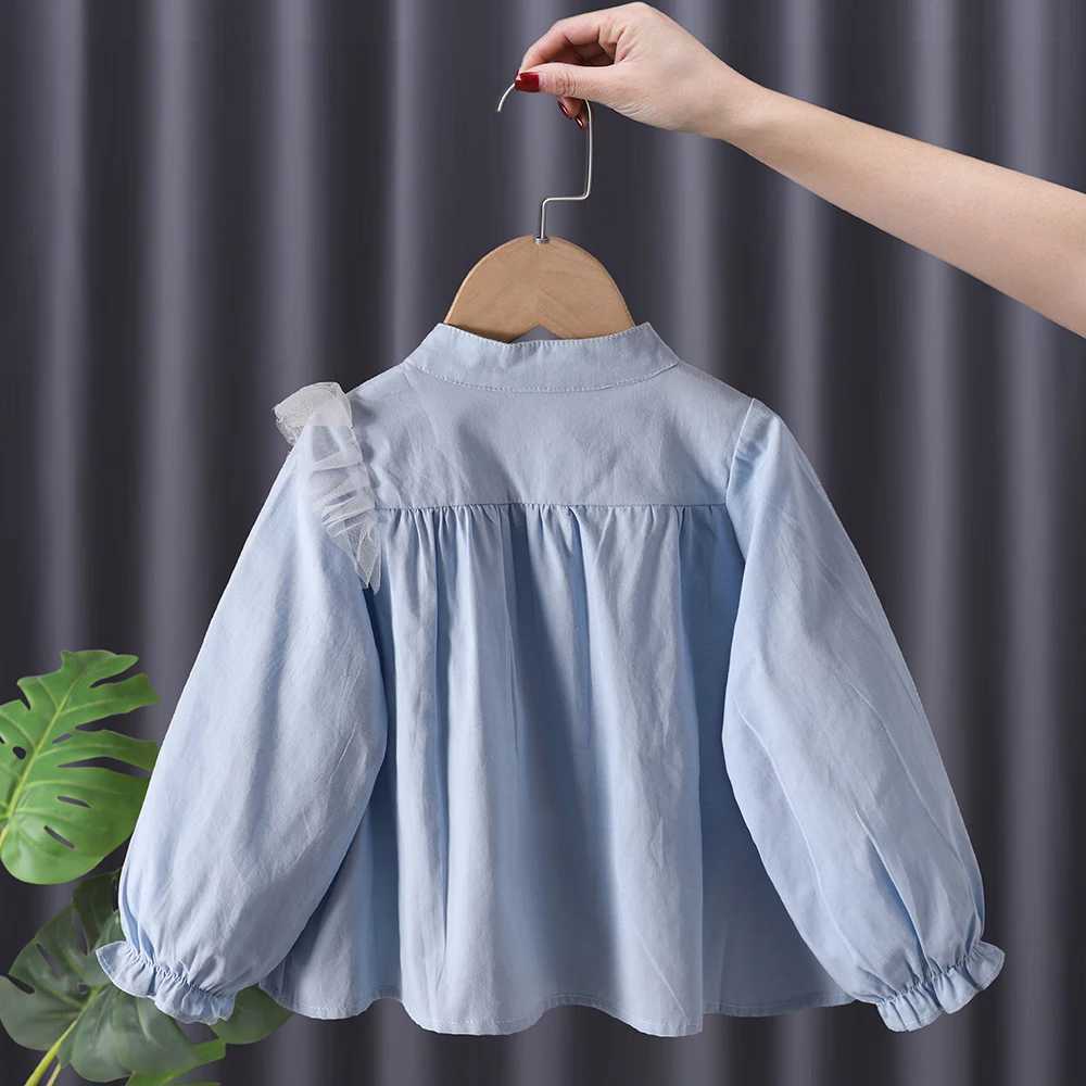 Blouses Girls Long Sleeved Shirt Autumn Girl Baby Princess Cotton New Childrens Clothing Round Collar Button Single Row Y240906