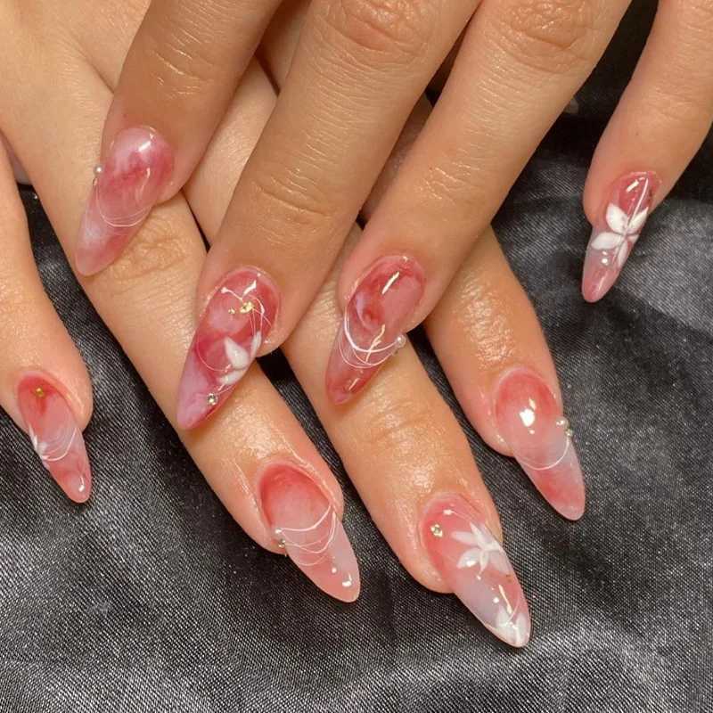 24 Ins flower false nails gradually powder blusher Korean sweet almond pressed on the nails suitable for women to wear removable false nails W240905