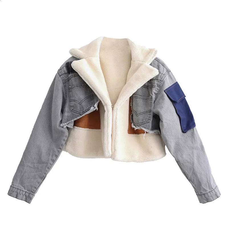 Fashion wool lined denim spliced work jacket thickened cashmere lining womens winter style motorcycle cotton 240905