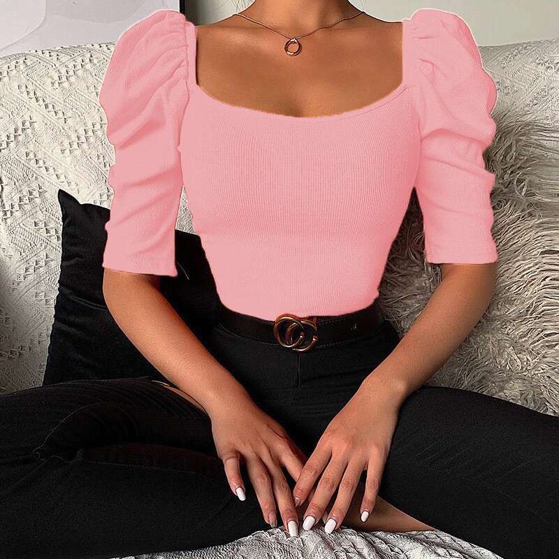 2024 Spring New Collection Simple Square Neck Bubble Top Women's Short Sleeve