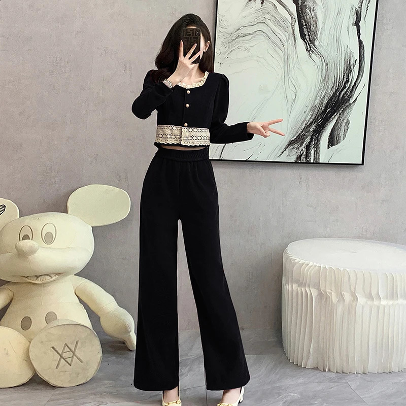 Spring and autumn two-piece pants set womens casual jacket jacketelastic waist wide leg pants set womens Trouser set 240903
