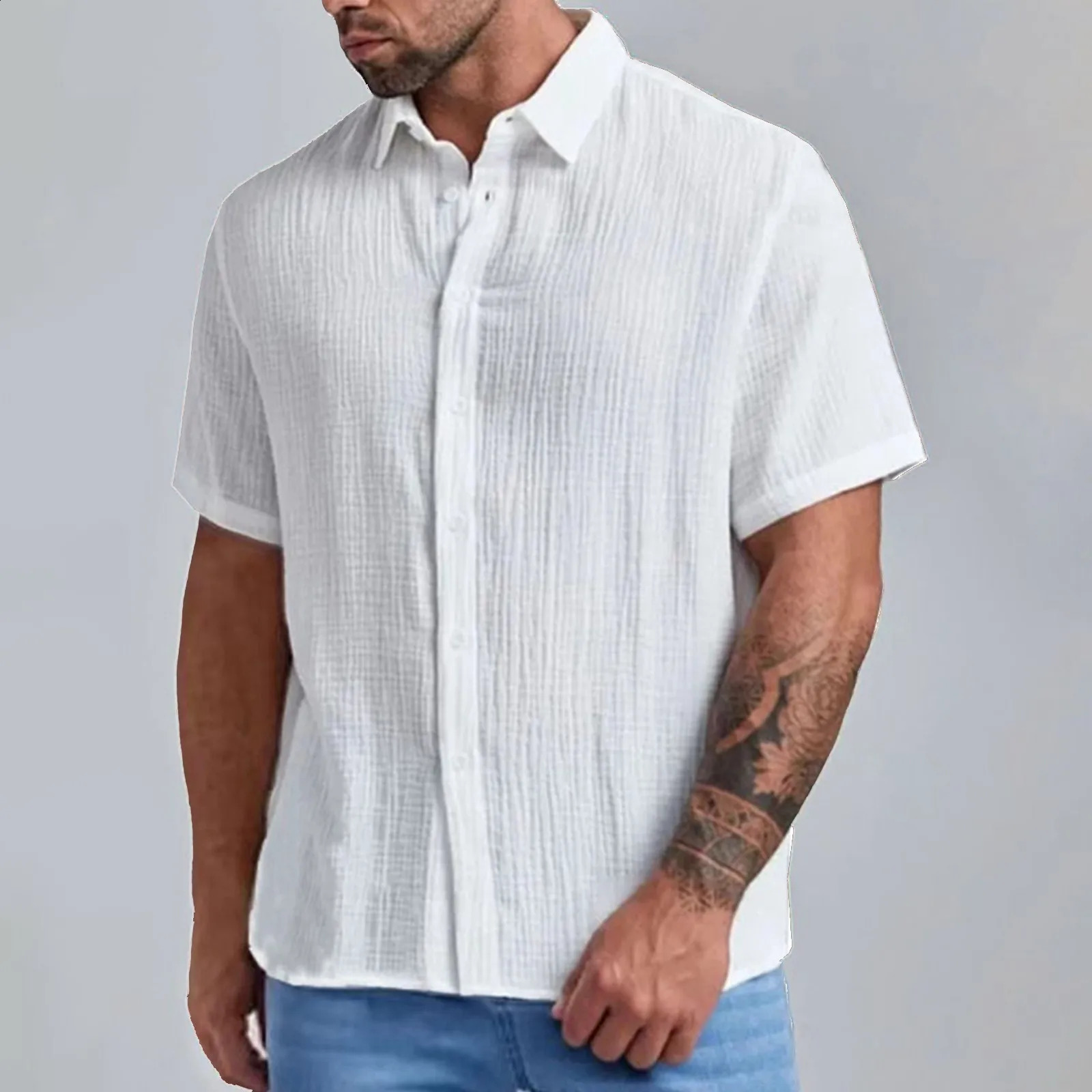 MenS Solid Color Shirt Cotton Short Sleeved Casual Buttons Up Vertical Stripe Light Printed Shirts Summer Street Cool Clothing 240906