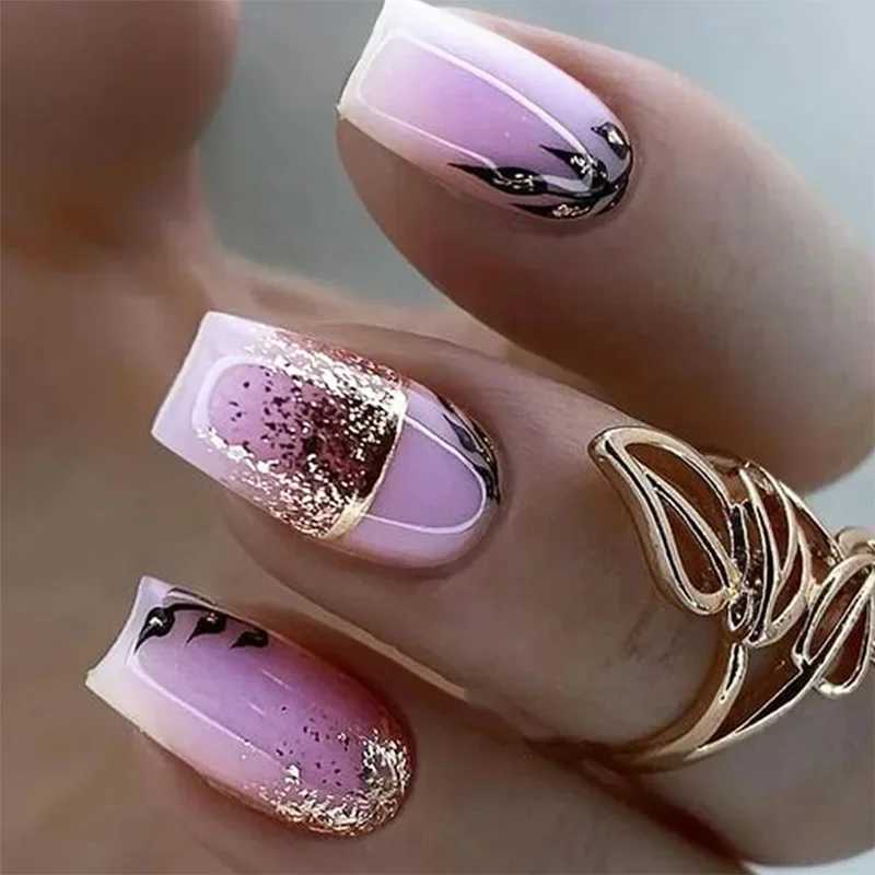 24 pieces of short purple fake nail leaves French design gold foil wearable fake nails coffin ballet nail tip full cover press W240905