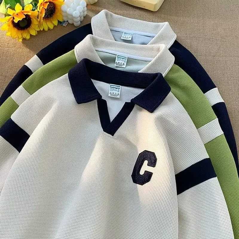 2024trendy Preppy Style Color Block Long Sleeve Polo Shirt Men Embroidery Letter American Style Vintage Fit Half Zip SweatshirtXJ240906