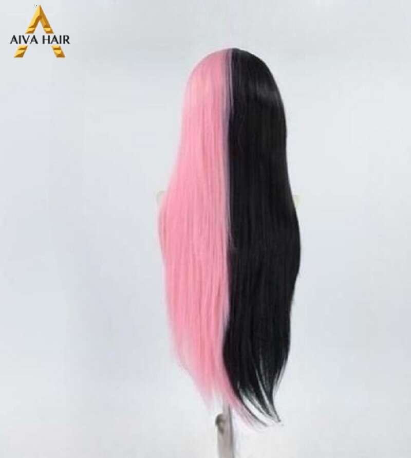 Aiva Hair Pink Half Black Synthetic 13X4 Lace Front Wig Cosplay Heat Resistant Glueless Wigs For Women Pre Plucked 180%