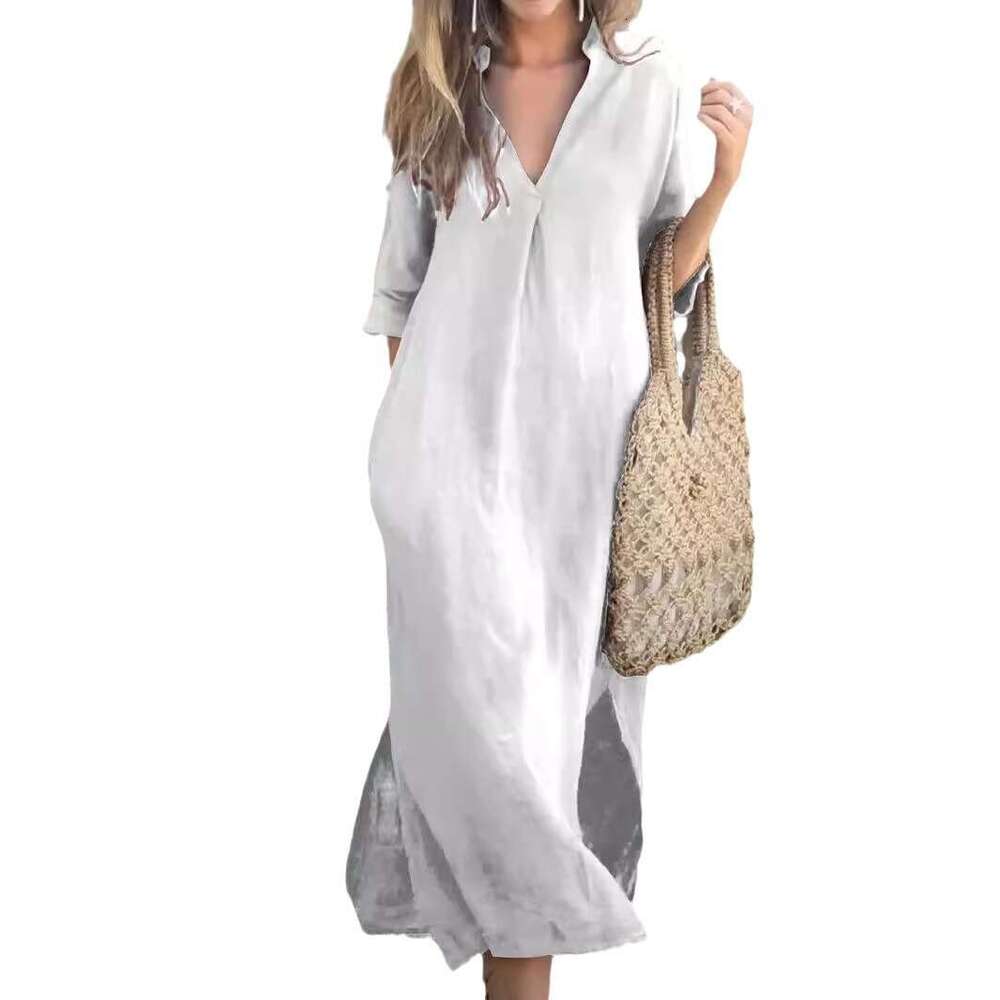 2024 Women's Summer Side slit Pocket V-neck 7-inch Sleeve Chest Crimson Dress