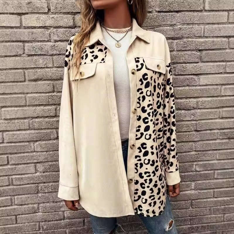 2024 cardigan top women's autumn and winter new item leopard print single breasted mid length shirt jacket for women