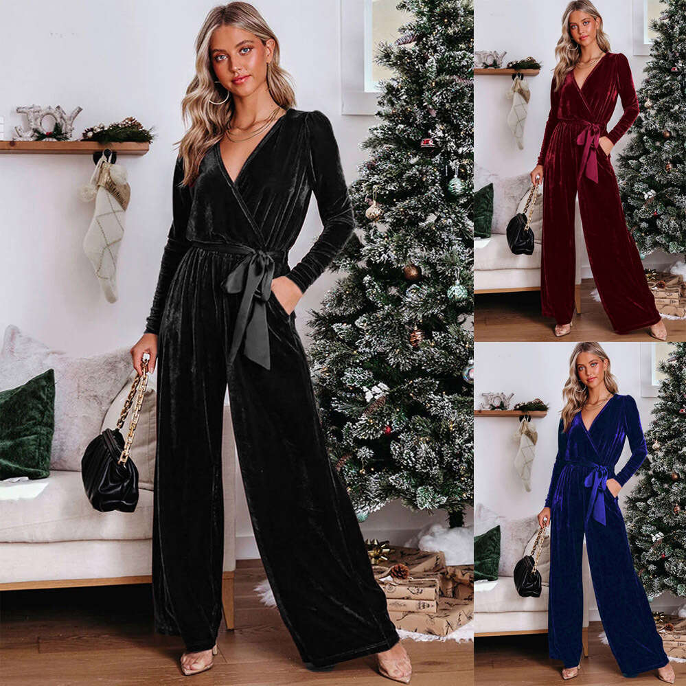 2024 new solid color long sleeved jumpsuit V-neck fashionable and elegant straight leg pants
