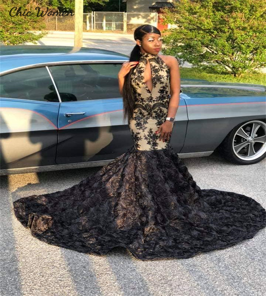 Nigerian Mermaid Black Prom Dresses With 3D Florals Keyhole Front Black Women Evening Dress Lace Customize Birthday Party Gown 2025 Bespoke Fromal Occ