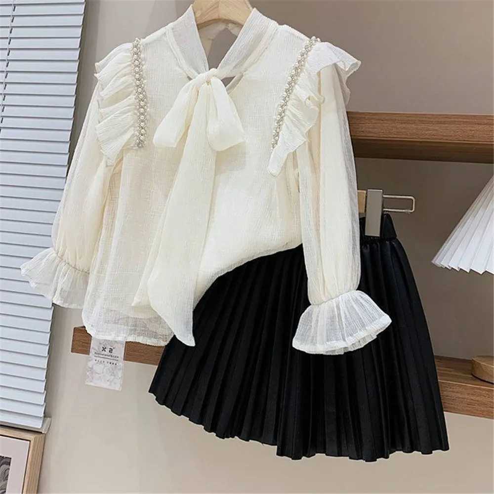 Girls Blouses Spring Chiffon Long Sleeve Preppy Cute Kids Beige Shirts Cotton Girls Clothes School Uniform Vestidos 6 8 10 Years Y240906