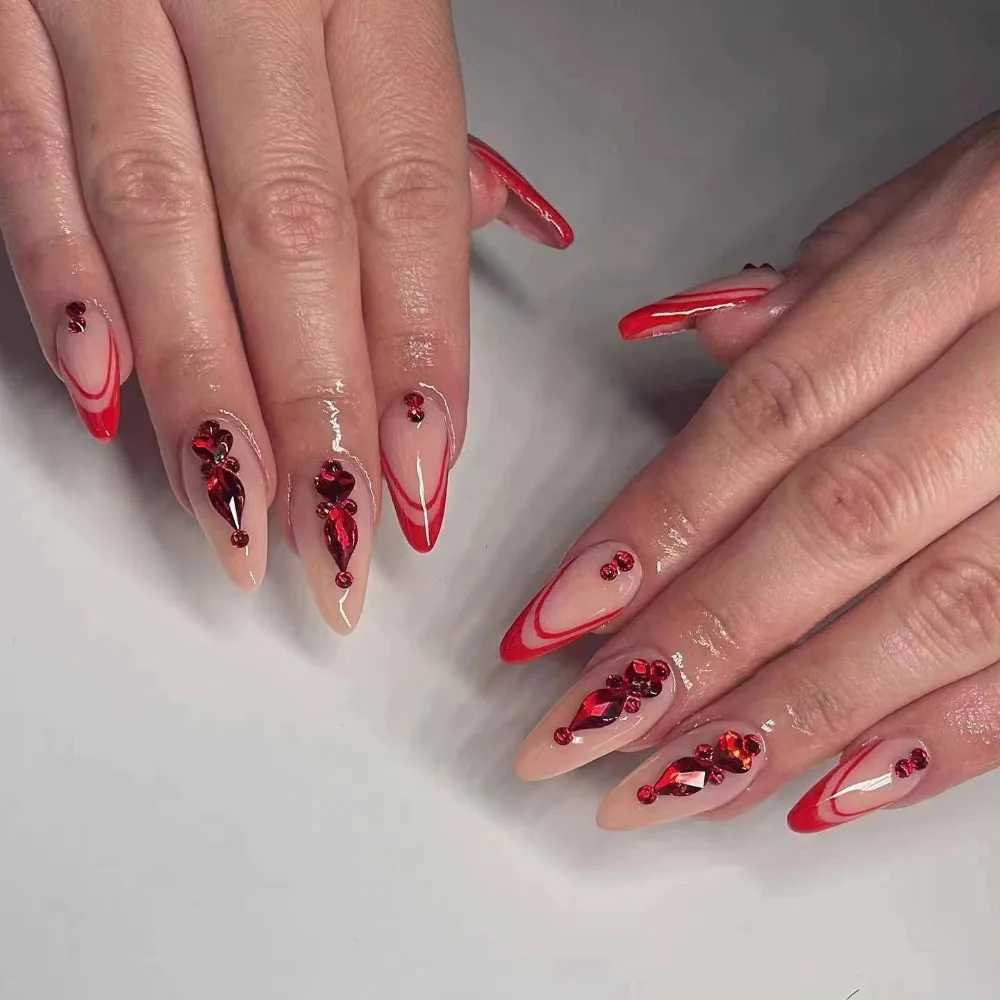 White Line French Fake Nail Almond Nude Pink Artificial Shining Nail Patch Shining Glitter Design Wearable Pressing Nail 24 pieces W240905