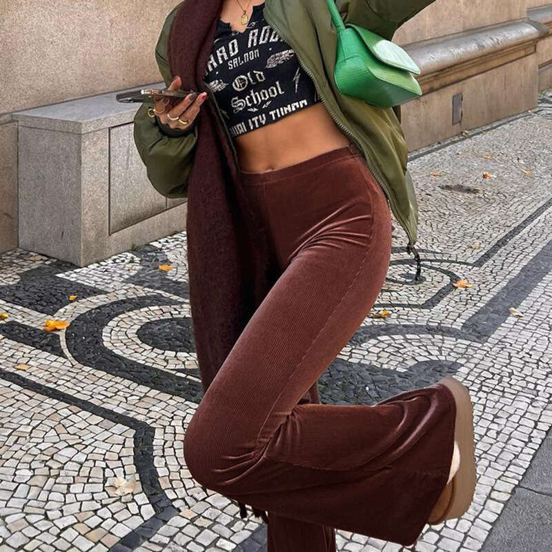 2024 Spring New Solid Color Velvet Elastic High Waist slimming casual micro flared for women's fashion pants