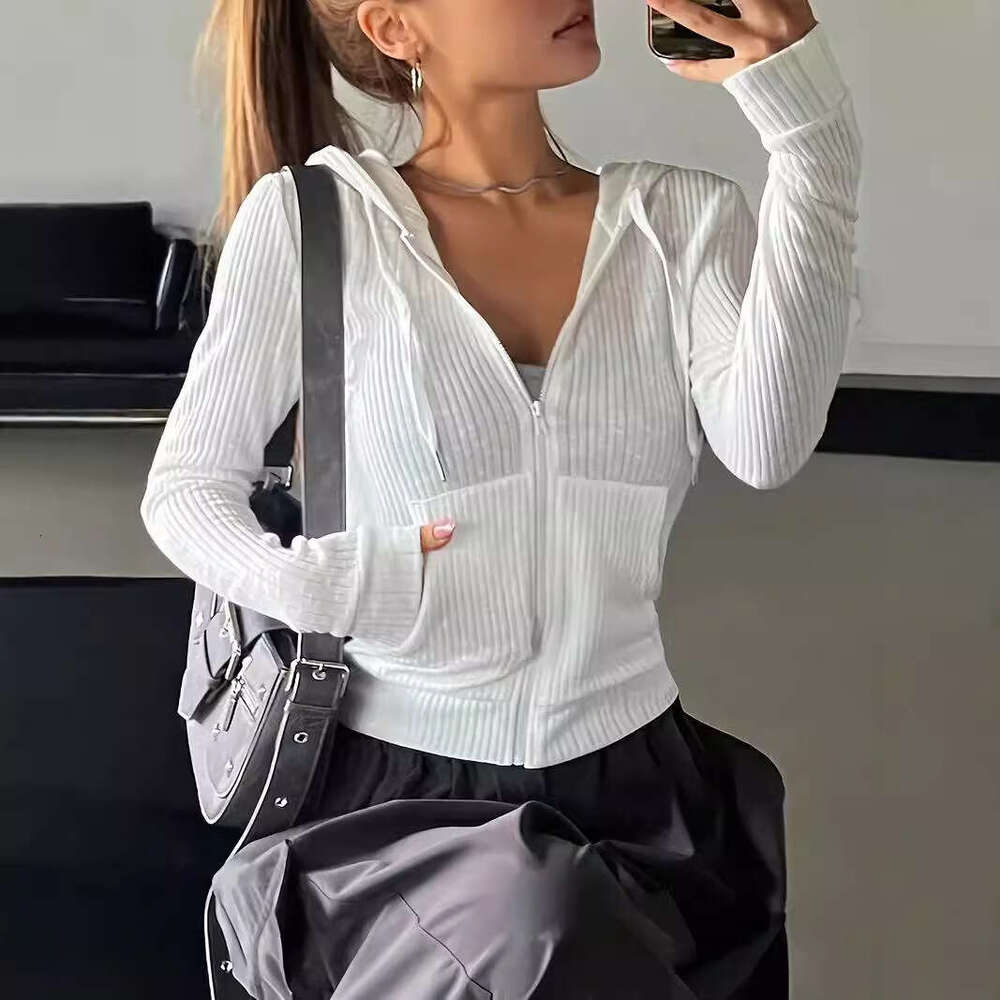 Casual long sleeved solid color cardigan hooded jacket white top
