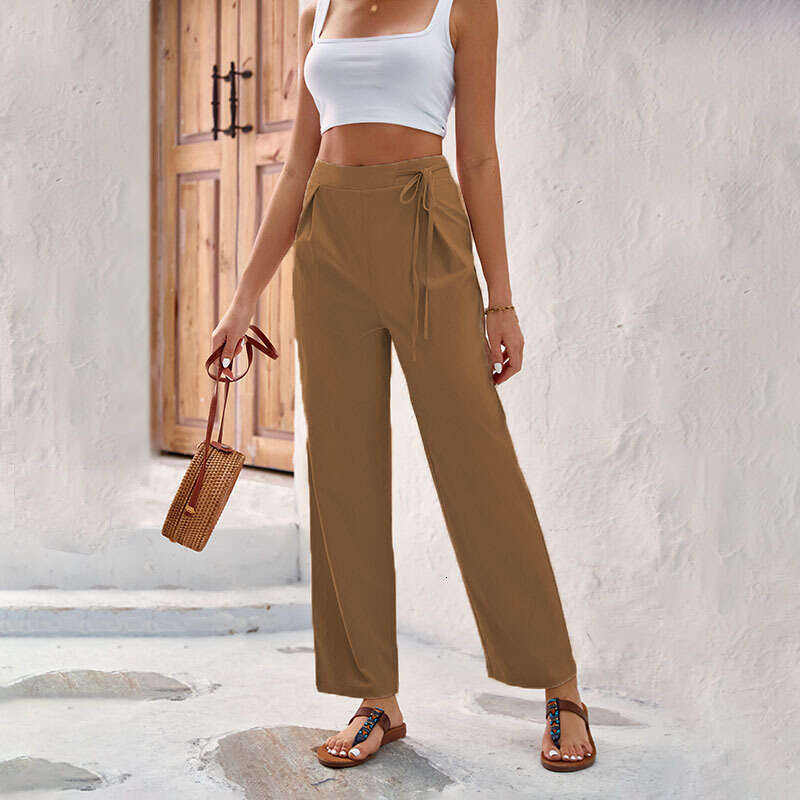 2024 New Spring/Summer Dropping Straight Tube High Waist Solid Color Lacing Wide Leg Pants for Women