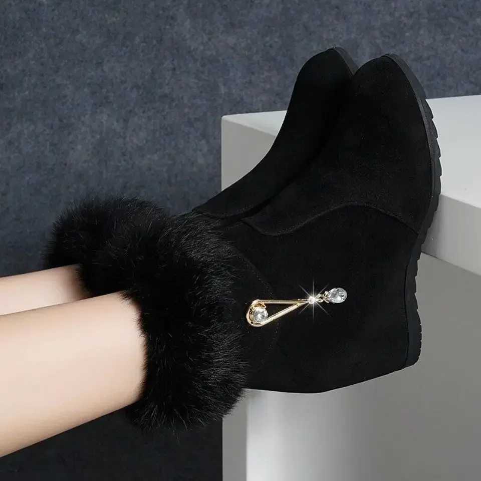 Winter Fashion Womens Wedge Ankle Boots Increase Height Shoes High Heels Metal Rhinestone Botas Mujer 2024 CL240906