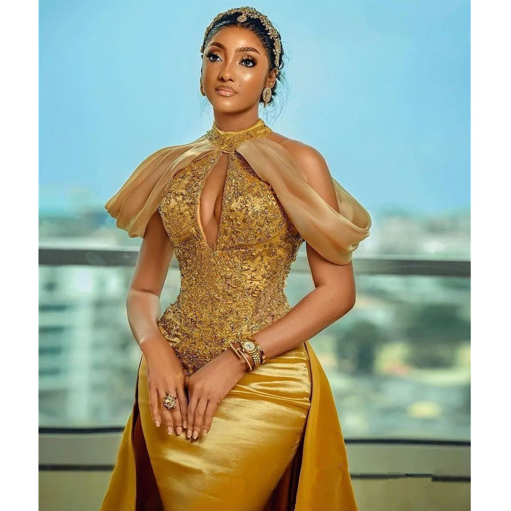 Arabic Aso Ebi Mermaid Gold Prom Dresses Lace Beaded Crystals Evening Formal Party Second Reception Birthday Engagement Gowns Dress Plus Size