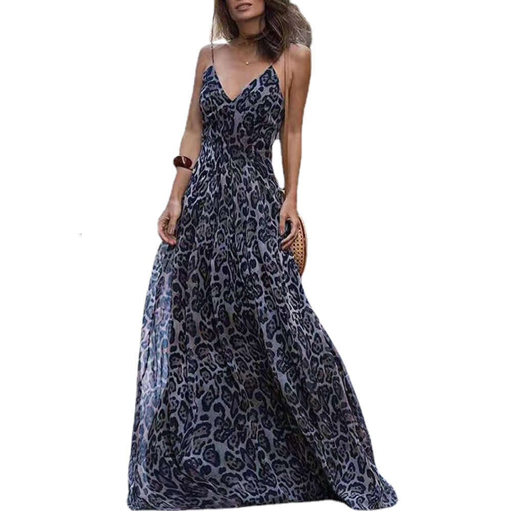 2023 Fashion Summer New Leopard Print V-Neck Sexy Strap Off Back Dress