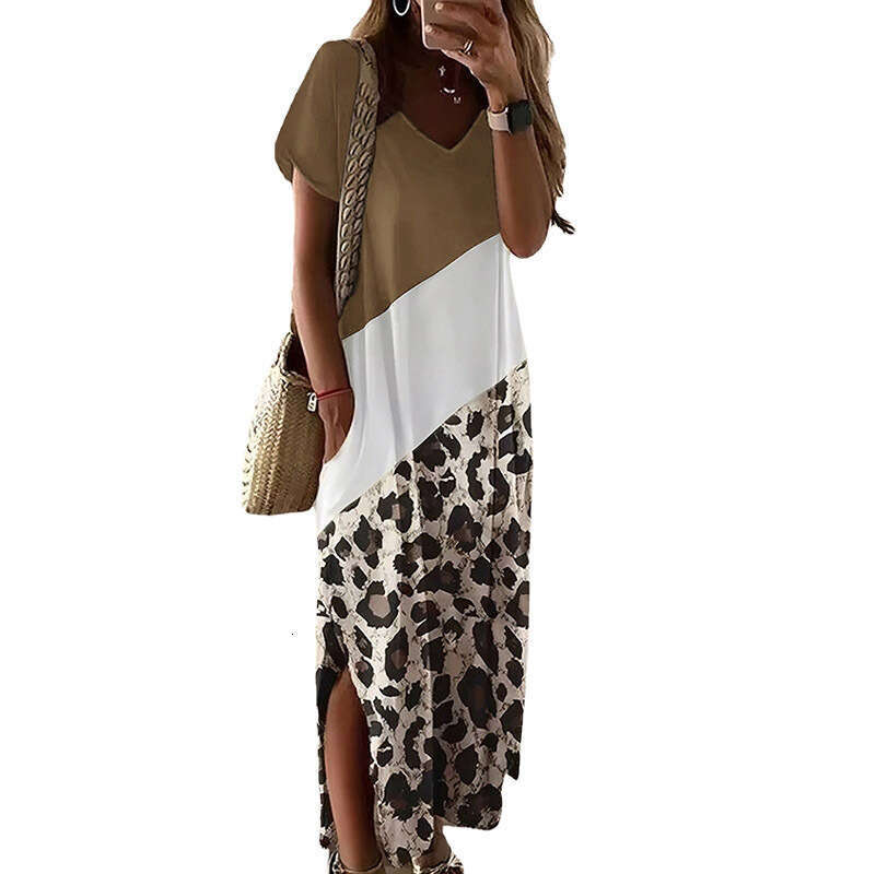 New leopard print side slit T-shirt long women's color matching black and white round neck dress women