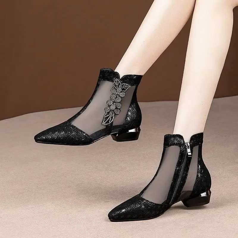 FHANCHU Womens Sandals Mid Heel Summer Mesh Shoes Soft Ankle Botas Rhinestone Corntoe Side Zipper Black Blue Down Jacket CL240906