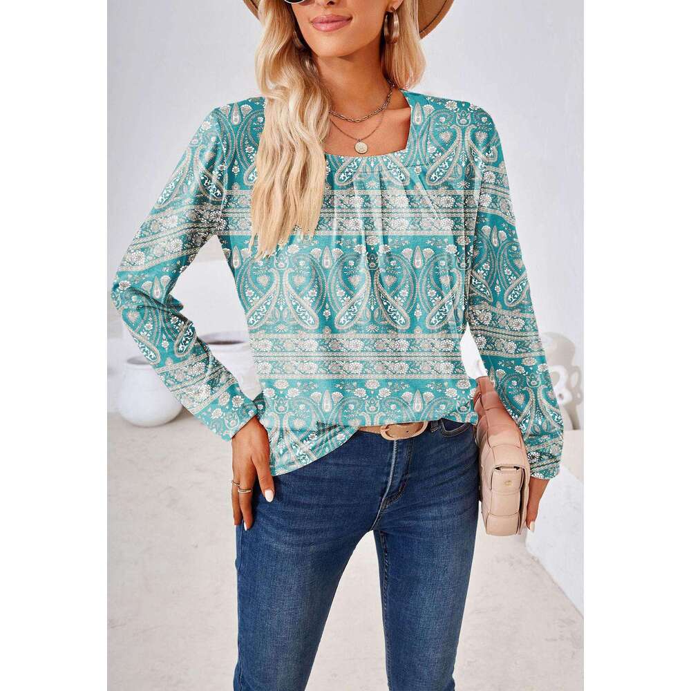 2024 Autumn/Winter Temu Square Neck Pleated Jacquard Long Sleeve Loose T-shirt Top Female