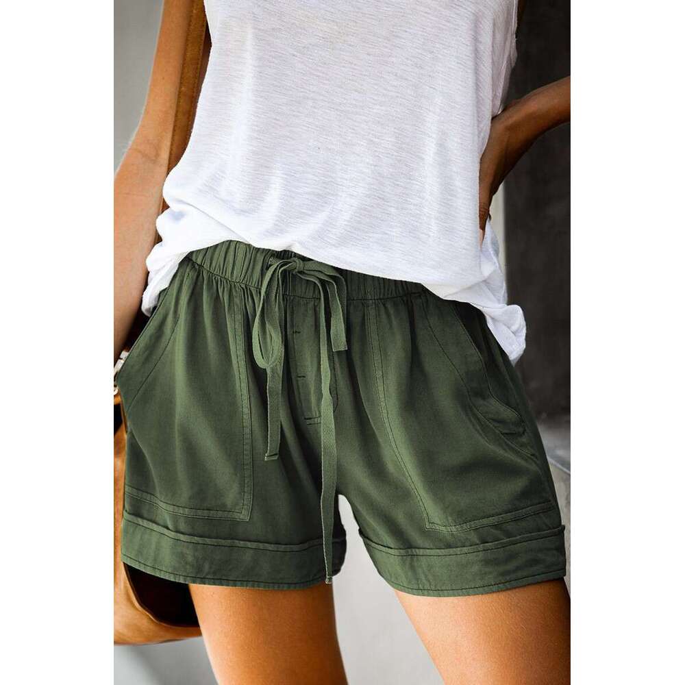 Casual women's summer new European version high waisted lace up loose wide leg shorts