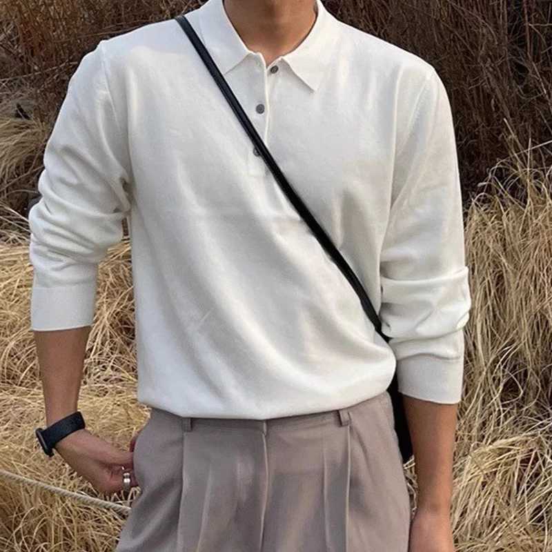 Mens Clothing Light Luxury Knit Polo Shirt Long Sleeve Solid Color Pullover Sweater Korean Retro Popular Leisure Knitwear M-3XLXJ240906