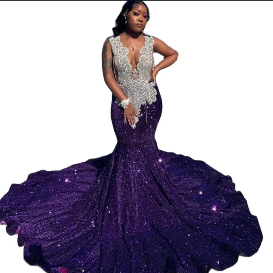 Dark Purple Prom Dresses For Black Girls Rhinestone Mermaid African Evening Gowns Sequins Formal Birthday Party Dress Plus Size Vestidos De Fiesta 202