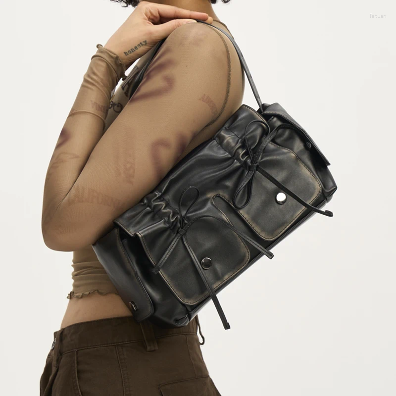 Drawstring Moto&biker Bags For Women Handbags Nad Purses 2024 In Distressed Pu Leatther Rivet Bow Underarm Shoulder Bag 4b4e