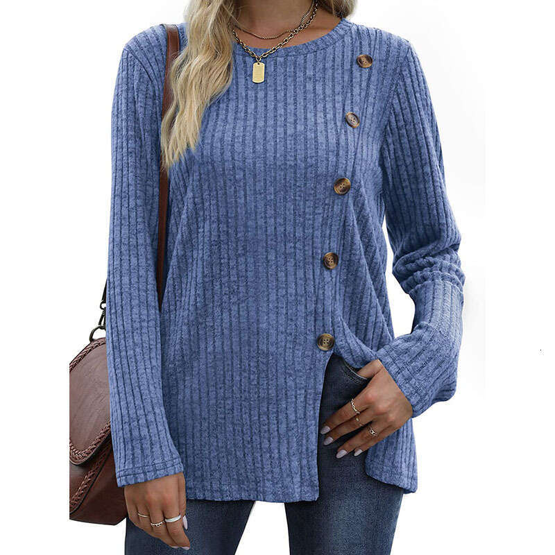 Button up women new fashionable autumn casual solid color long sleeved T-shirt for women