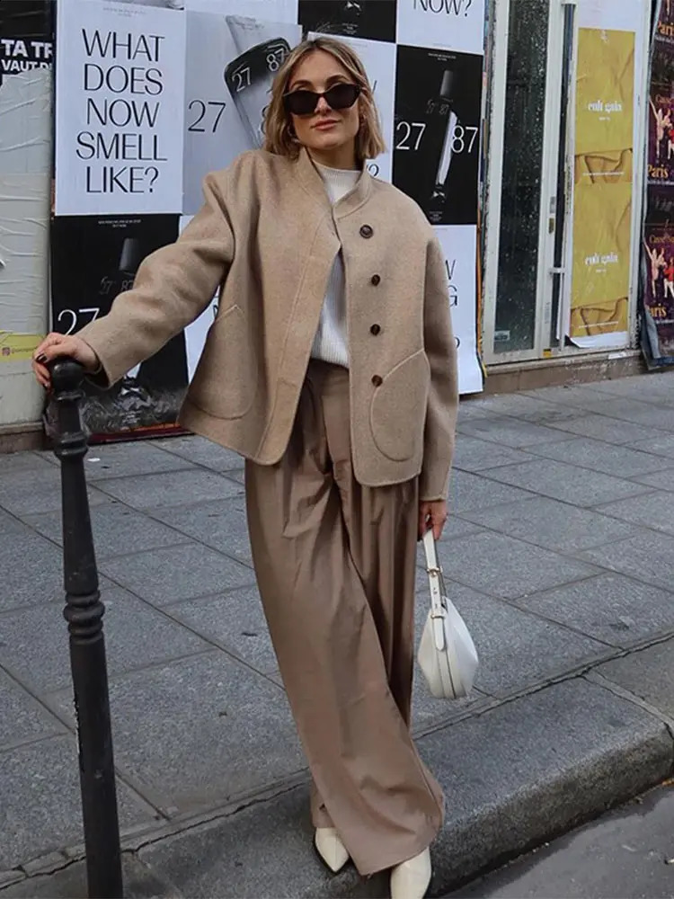 Casual Stand Up Collar Single Breasted Womens Woolen Coat Solid Color Pocket Long Sleeved Jacket High Street Ladies Coats 240904