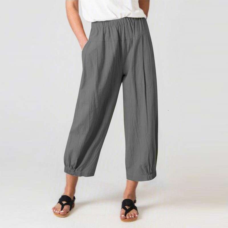 Summer loose cotton and linen pleated casual edition high waistband pocket Haren cropped pants for women