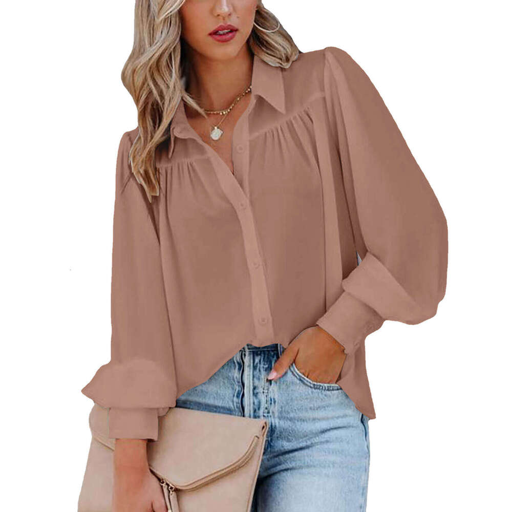 2024 buckle up top, lantern sleeve pleated solid standing collar, loose fitting shirt, long sleeved women's clothing