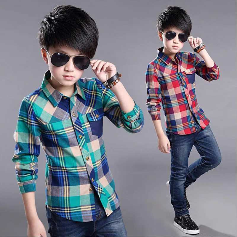 New 2024 Spring Cotton Kids Clothes Fashion Casual Handsome Shirt for Children blouses Boys Plaid Long Sleeve dress Shirts Y240906