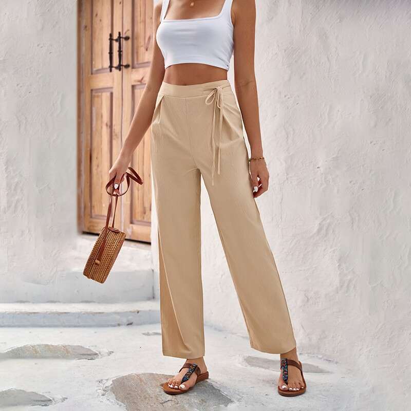 2024 new spring and summer hanging straight high waisted solid color tied wide leg pants for women