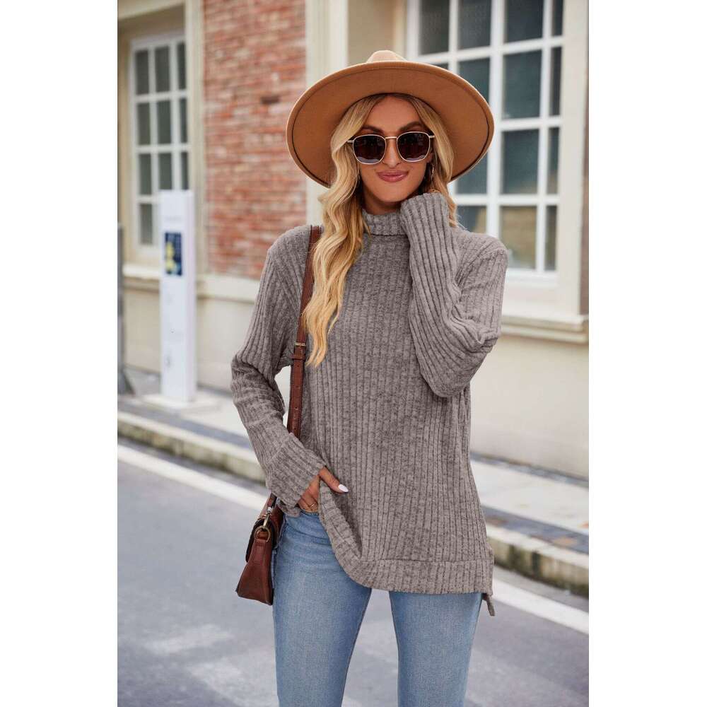 Autumn/Winter New High Neck Loose Long Sleeve Split T-shirt Top for Women