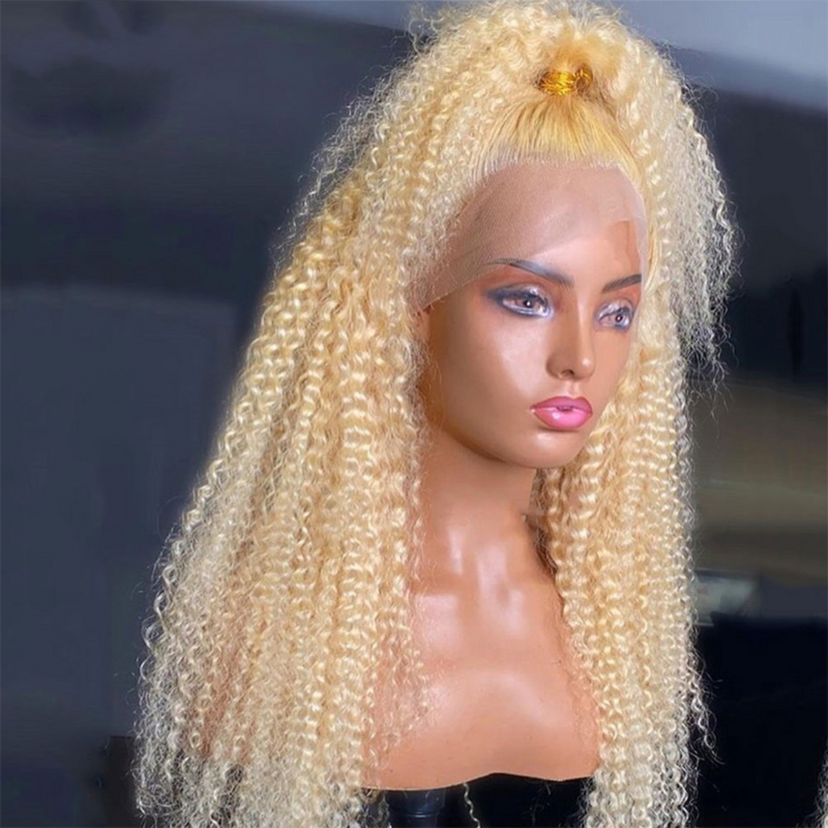 Front lace wig European and American synthetic wig light blonde small roll free part fluffy long curly hair role play