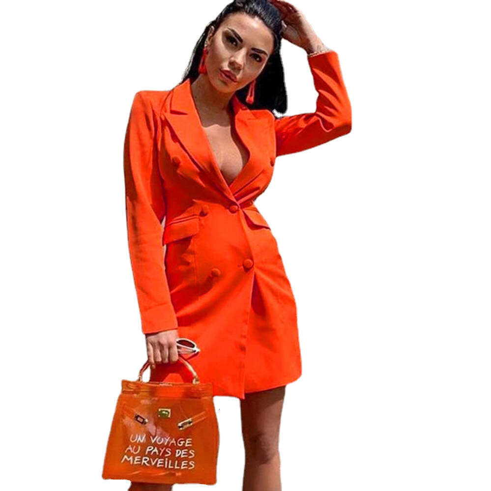 2024 New Women's Solid Color Slim Fit Suit Double breasted Button Long sleeved Flip Collar Coat Top