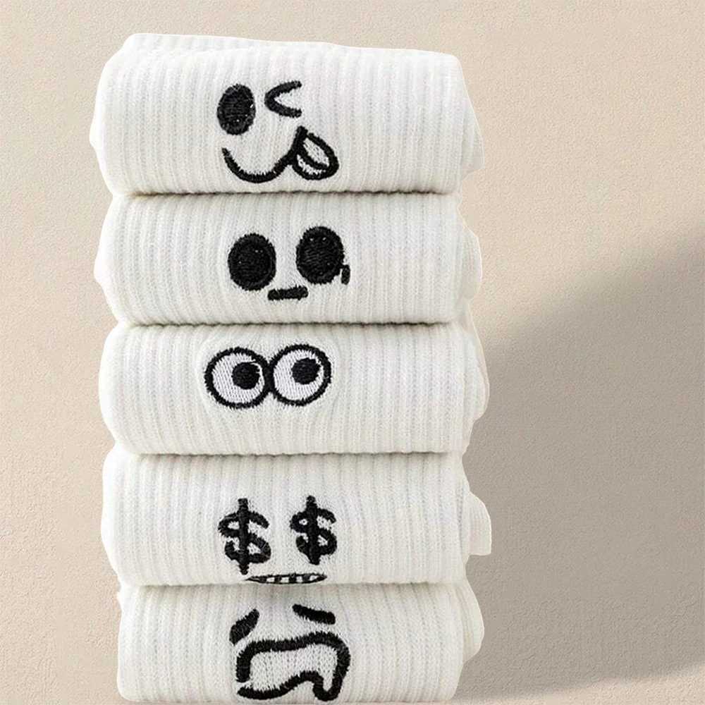 5 pairs of mens white cartoon socks fashionable version expressing socks simple design soft breathable and comfortable casual socks W240905