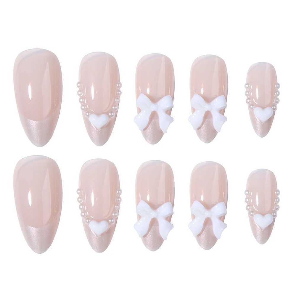 24 pieces of medium to short fake nails pink diamond nails 3D white bow pearl love design Y2K nail press suitable for women W240905