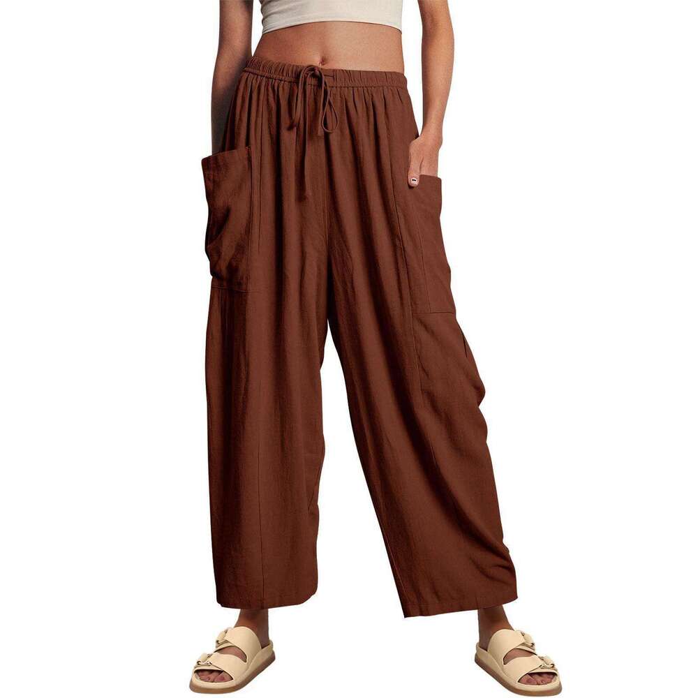 2024 TEMU Women's Elastic Pleated High Waist Wide Leg Loose Casual Cotton Hemp Pants